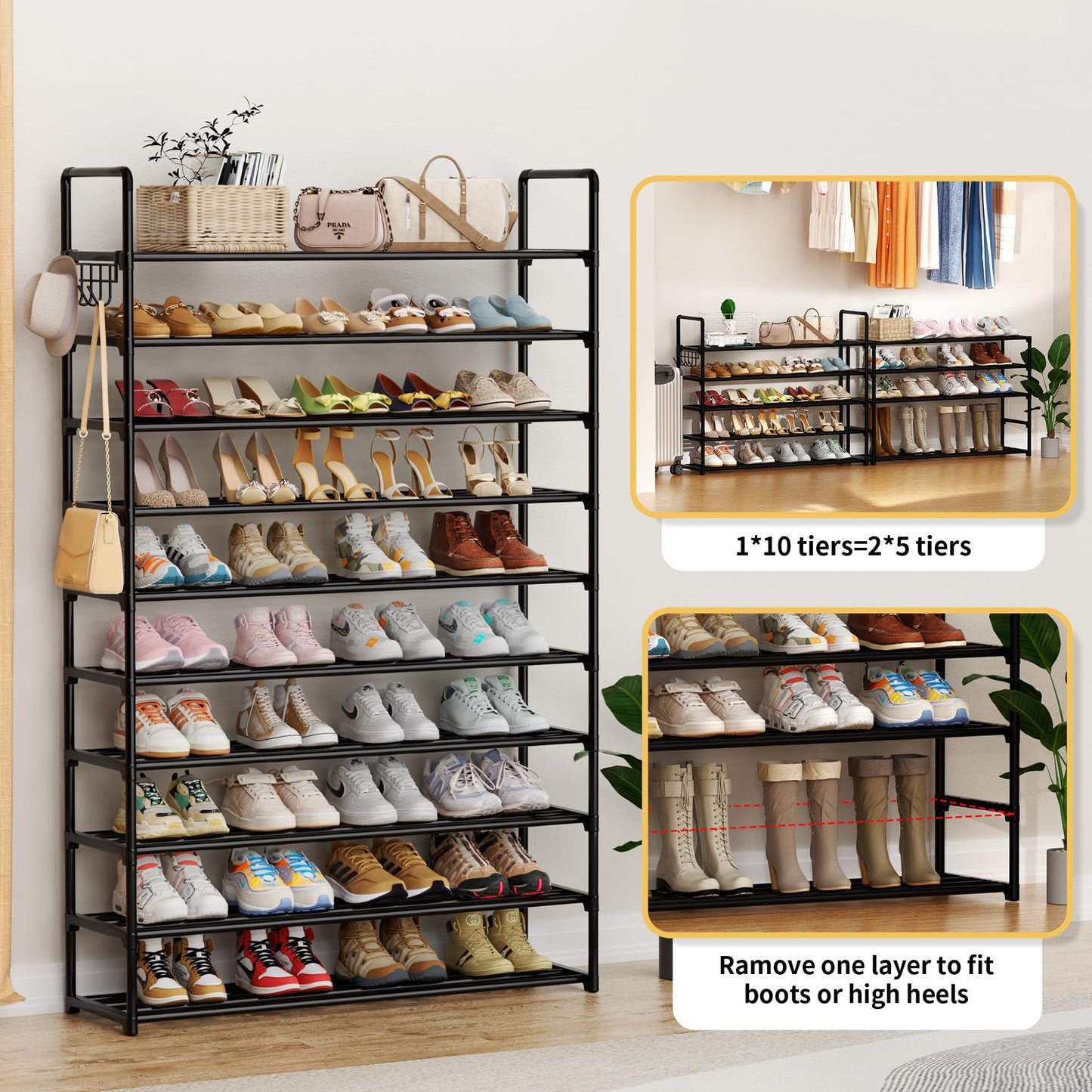 HOMICKER 10-Tier Shoe Organizer - Large Metal Shoe Rack with Hooks, Fits 40-50 Pairs, Ideal for Closet, Entryway, Garage, Bedroom