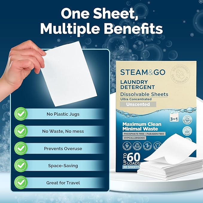 Steam & Go 3-in-1 Dissolvable Laundry Detergent Sheets - Hypoallergenic & Fragrance-Free - Unscented, 30 Count