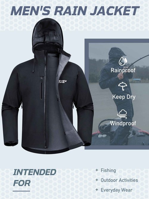 NEW VIEW Men's Lightweight Rain Jacket Waterproof with Hood, Storm Shell Stretch Rain Coat for Tri Weather Hiking,Travel,Golf