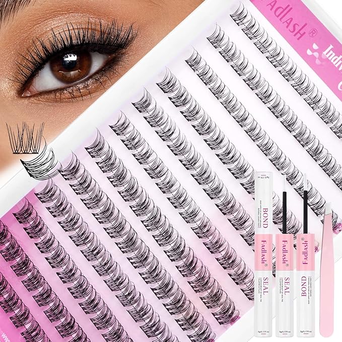 FADLASH Natural Lash Extension Kit Lash Clusters Kit 9-12mm Cluster Lashes Eyelash Exctensions with Lash Bond and Seal and Lash Tweezers DIY at Home (SLYW Kit)