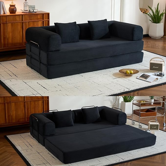 ZEIINPA Convertible Sleeper Sofa Bed with Fixed-Shape Frame, Corduroy Folding Boneless Couch with Cylindrical Pillow, Comfy Floor Sofa Couch for Living Room, No Assembly Required, Black