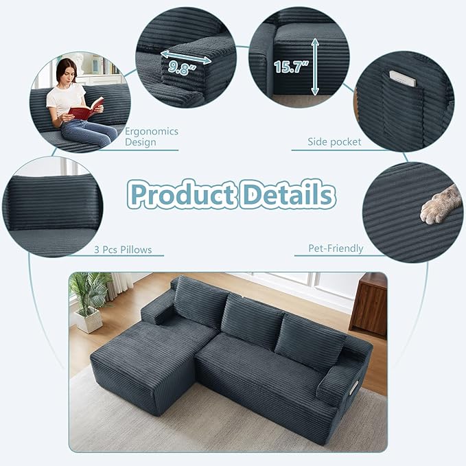 96" Cloud Sectional Couch with L-Shape Chaise, Modern Corduroy Boneless Couch for Living Room,Memory Foam Sofa with Deep Seat,No Assembly Required (Dark Gray,Left-Facing Chaise)