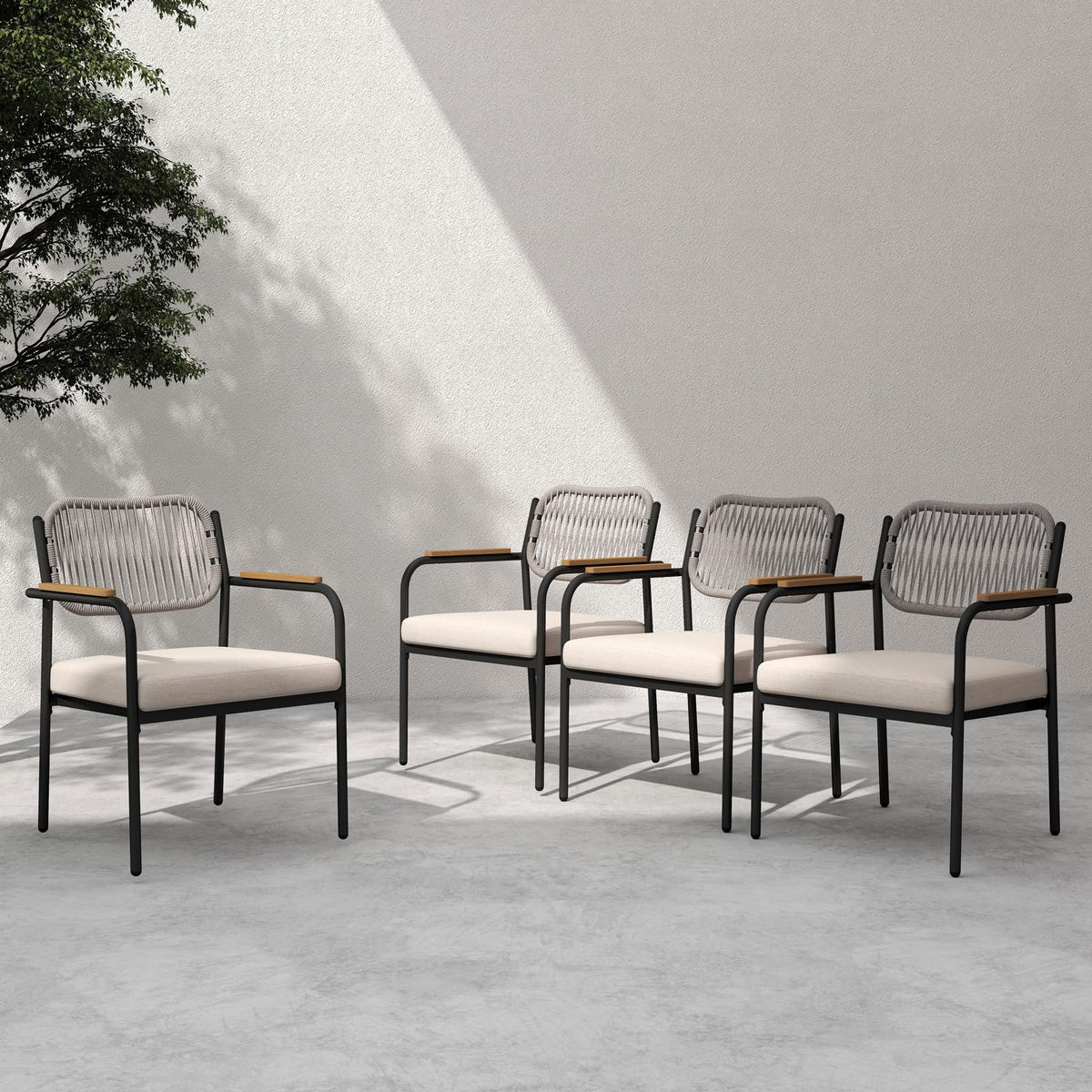 DAYAOUTDOOR Patio Dining Chairs Set of 4, Modern Outdoor Dining Set with Contrasting Design, Rope Dining Chair with Armrest, Patio Kitchen Chairs Set, Patio Furniture for Porch, Deck, Poolside, Beige