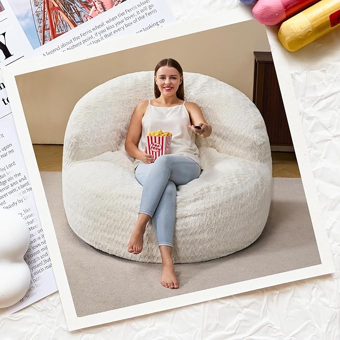 Hobestluk Bean Bag Chair Giant Bean Bag Chairs for Adults Big Bean Bag Chair with Memory Foam Filler Adults Large Beanbag with Faux Fur Cover for Bedroom (Chevron White,Oversize)