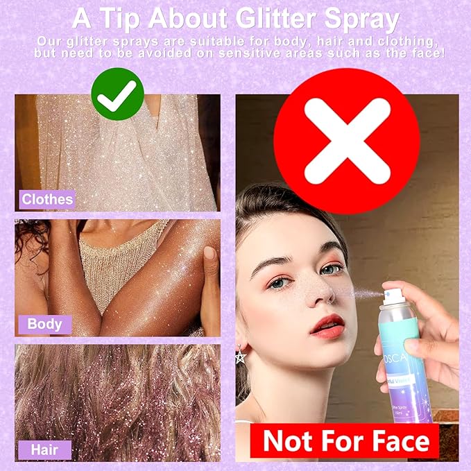 Yosca Body Glitter Spray, 80ML Holographic Silver Glitter Hairspray, Quick-Drying and Long-Lasting Shiny Glitter Spray for Body Hair Sparkling Makeup Festival Concert Party Clothes Rave Accessories
