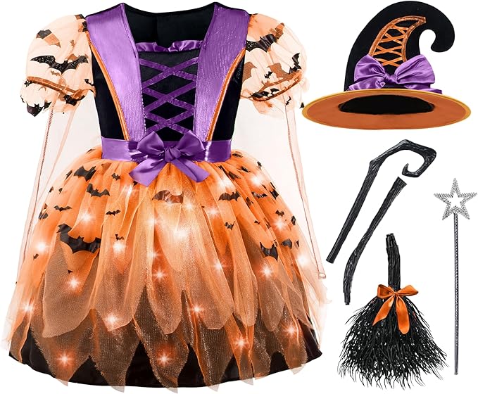Spooktacular Creations Girls Light Up Witch Costume, Kids Witch Costume with Hat and Broom for Toddler Halloween Dress Party