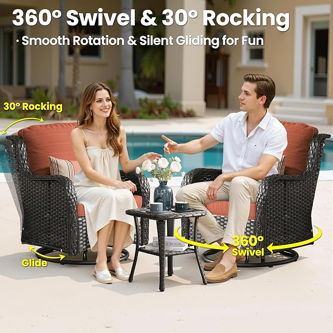 ovios 7 Pieces Patio Furniture Set, Outdoor Wicker Sofa Couch with Swivel Chairs 42" Fire Pit Table, High Back Modern All Weather Conversation Sets, Brown Rattan, Orange Red