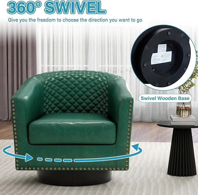 UIXE Swivel Accent Chair, PU Leather Barrel Club Chair for Living Room, Upholstered Armchair Comfy Single Sofa Bedroom Reading Seat - Green