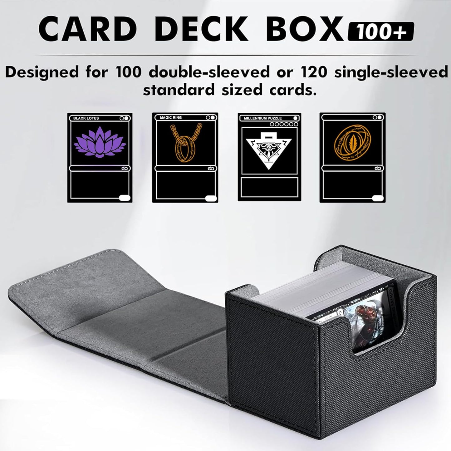 ZLCA Card Deck Box for Trading Cards, MTG Commander Deck Box Holds 120+ Single Sleeved, Leather Magnetic Card Storage Case Fits for TCG CCG Magic(Black& Dark Green)