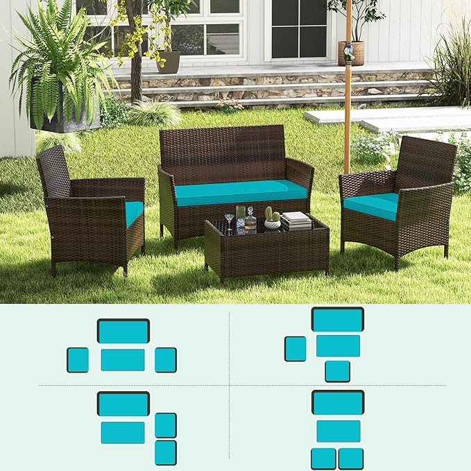 RELAX4LIFE 8-Piece Patio Furniture Set - Rattan Outdoor Conversation Bistro Set w/Cushions, Glass Coffee Table, Wicker Chairs & Loveseat for Garden Backyard Porch, Balcony Furniture Set (2, Turquoise)