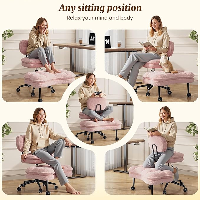Ergonomic Cross Legged Office Chair, 360° Swivel Meditation Kneeling Chair with Wheels, ADHD Chair with Height Adjustable Seat for ADHD,Relaxation, Home Office,Pink