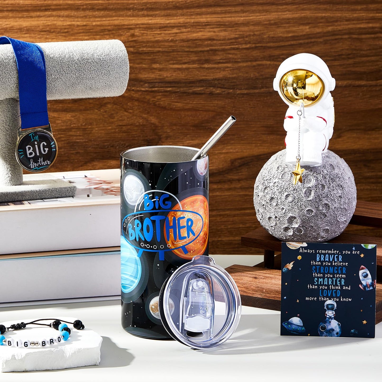 Sieral 4 Pcs Big Brother Gift Sets New Big Brother Tumbler with Straw Beaded Bracelet Medal with Lanyard Inspirational Card Baby Shower Gifts New Baby Birthday Party Favors for Little Boys(Space)