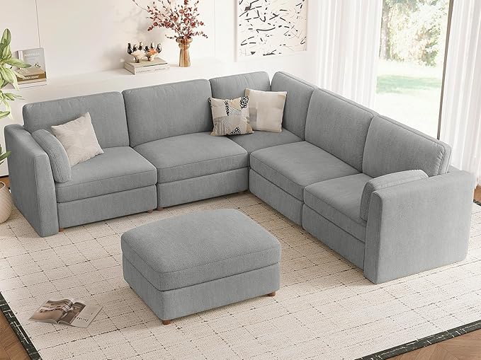 CUGOAO 117.7'' Modular Sectional Sofa, Oversized L-Shaped Sectional Couch with Ottoman, Deep Seat Chenille Cloud Couch, Mordern Upholstered Couches for Living Room, Apartment, Office, Grey