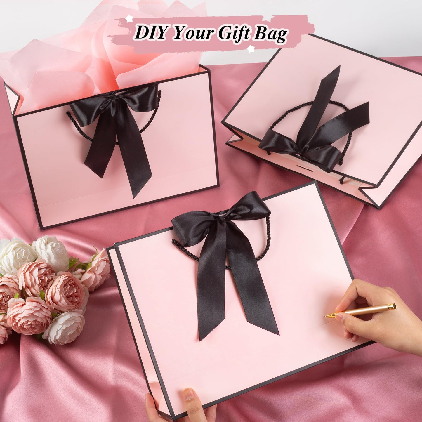 PASEOTA 12.6" Gift Bags Medium Size Set of 10 - Includes Tissue Paper, Cards & Ribbons, Luxury Gift Bags with Handles for Holiday Wedding Birthday (12.6" x 9.8" x 3.9", Pink Black)