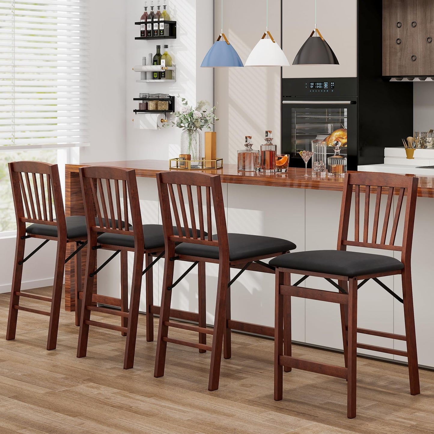 Giantex Folding Bar Stools Set of 2, 24.5" Counter Height Bar Dining Chairs with Back, Padded Seat, Footrest & Rubber Wood Legs, Upholstered Foldable Barstools for Kitchen Island, No Assembly Needed