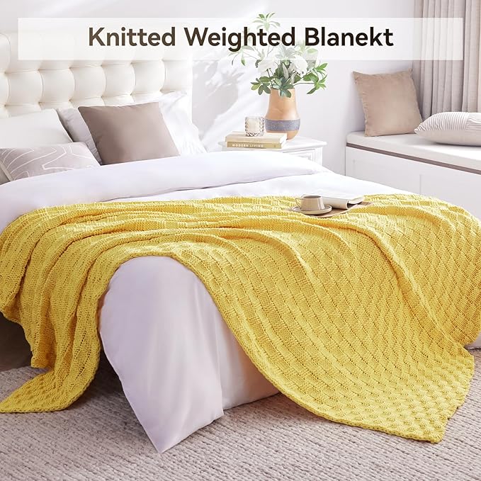 Knitted Weighted Blanket for Adult, No Beads Heavy Blanket 48” x 72'' 15lbs, Breathable Chunky Knit Blanket, Cooling Weighted Blanket for Hot Sleepers, Christmas Home Decor (Yellow)