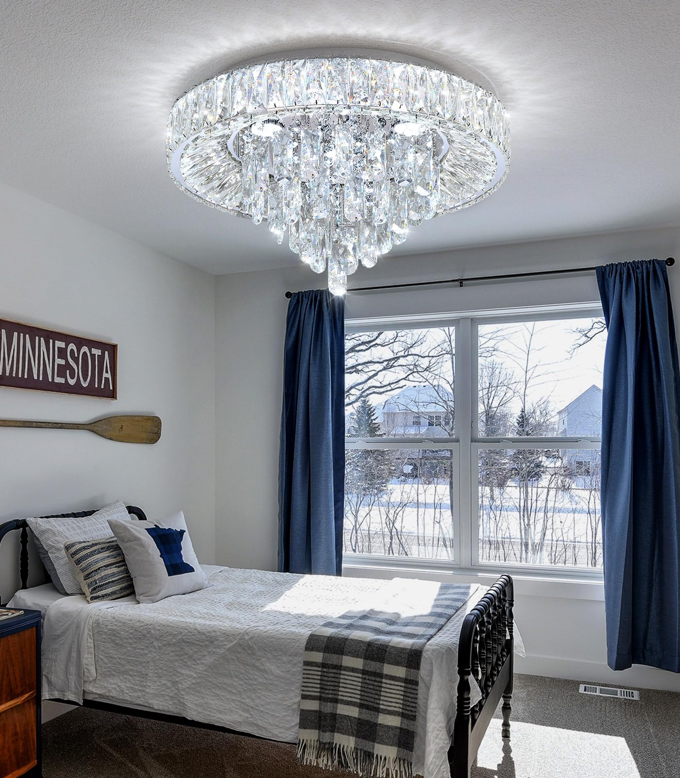 dolria Modern Crystal Chandeliers for Dining Room LED Light Fixture Close to Ceiling Chandelier Flush Mount Ceiling Light Dimmable Lamp with Remote for Living Room Bedroom Hallway 2700K 6000K