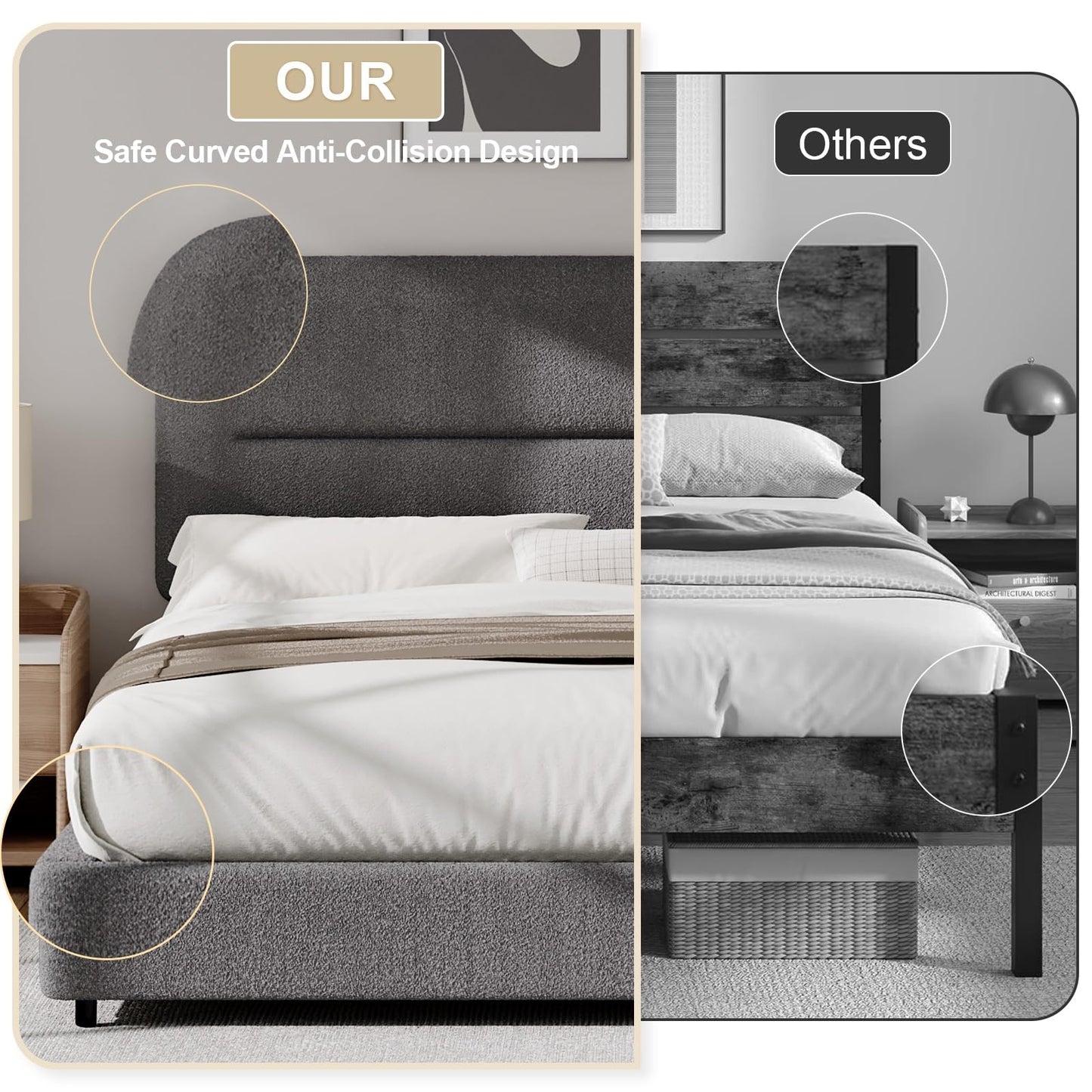 HOMBCK Twin Size Boucle Bed Frame, Upholstered Bed Frame with Rounded Headboard, Soft Modern Bed Frames with Thickened Footboard, Rounded Corners, No Box Spring Needed, Easy Assembly, Grey