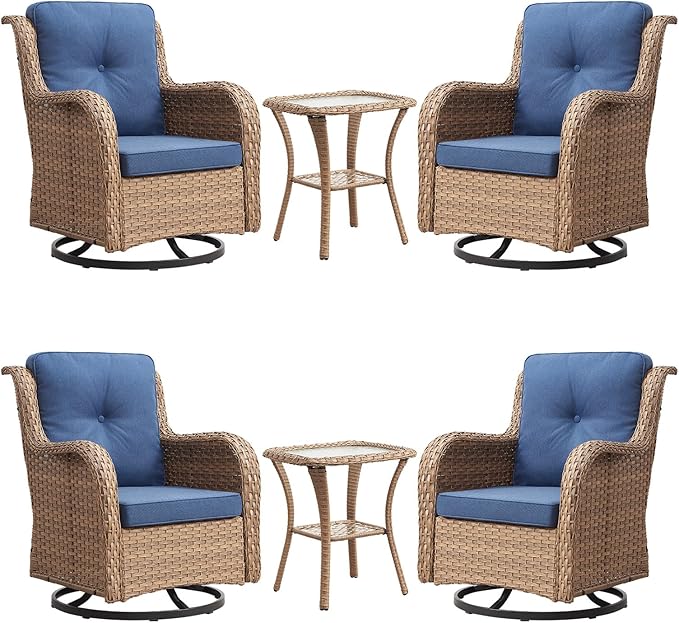 Rilyson Patio Chairs Wicker Outdoor Chair - 6 Piece Rattan Patio Swivel Rocking Chairs Set with Glass Top Side Table for Porch Deck Backyard(Yellow/Blue)