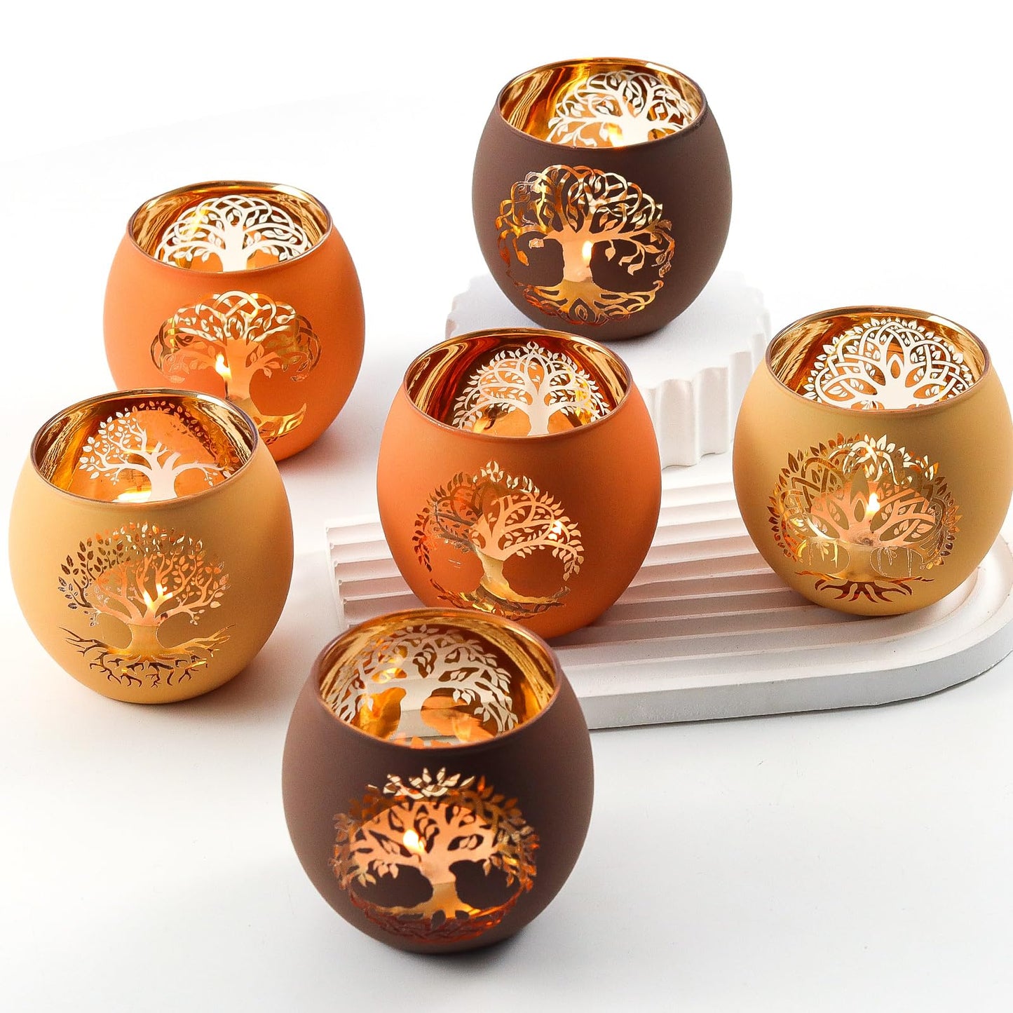 SHMILMH Fall Votive Candle Holders 6 PCS Tree of Life Glass Tea Light Candle Holders Wedding Centerpiece Decorations for Reception, Birthday Party, Bridal Shower Fall Table Decor