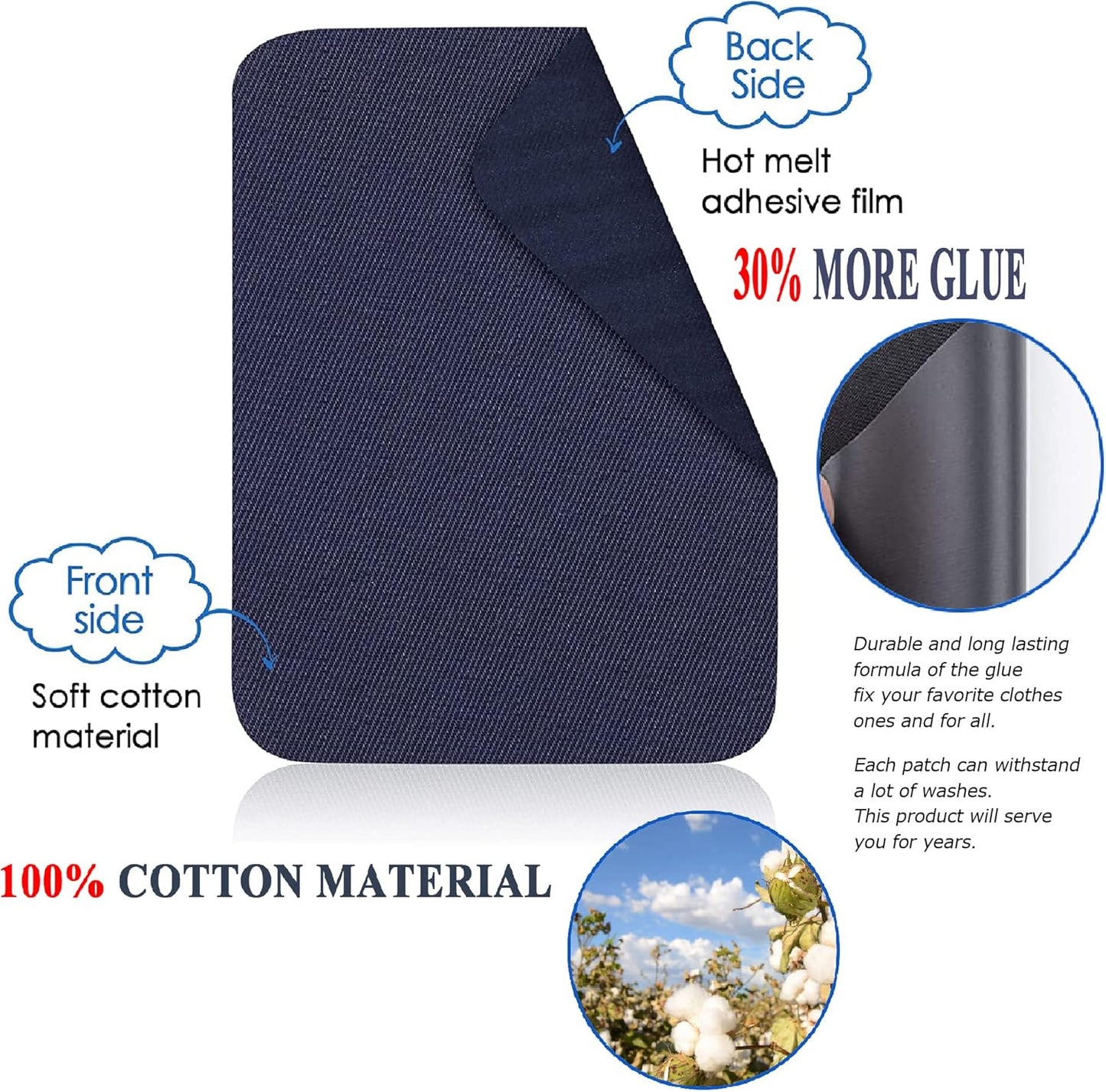 12PCS Fabric Iron on Patches Inside & Outside Strong Glue 100% Cotton Repair Patch for Clothes Pants Mending and Decorating, White