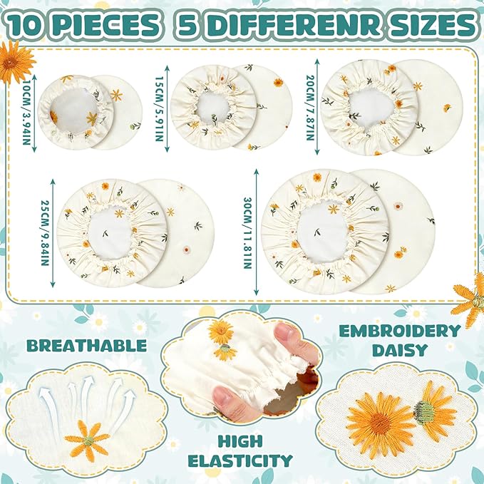 Patelai 10 Pcs Bowl Covers Reusable in 5 Size Stretch Cloth Fabric Elastic Food Storage Bowl Covers Bread Sourdough Lids for Proofing Food Fruits Leftover(Yellow, Green, White,Embroidery Daisy)