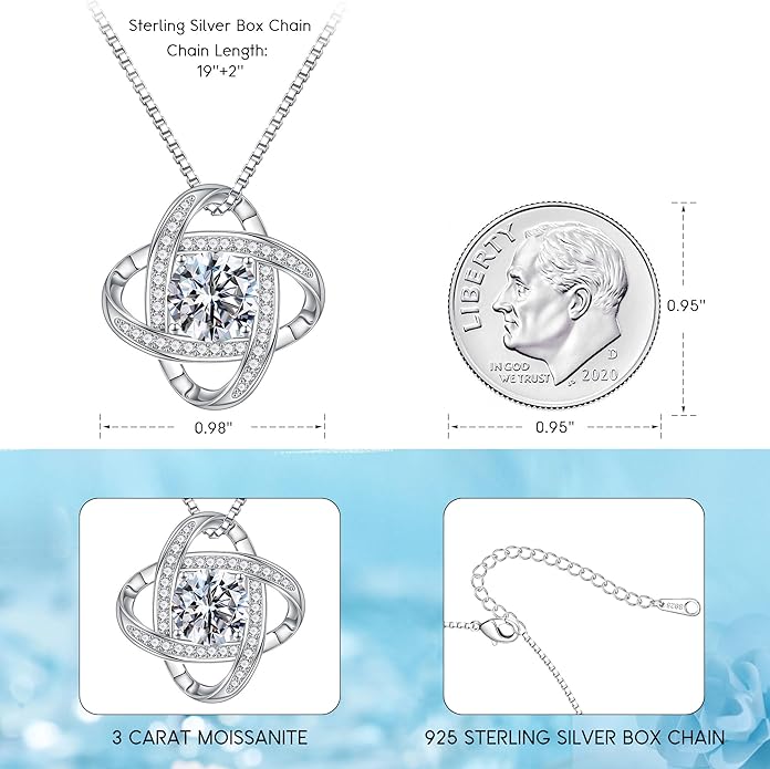 MOOSEA Love Knot Moissanite Necklace for Women, 1-3 ct D Color VVS1 Clarity Lab Created Moissanite 925 Sterling Silver Necklace, Anniversary Birthday Gifts for Women Wife Mom Girlfriend Jewelry Gifts