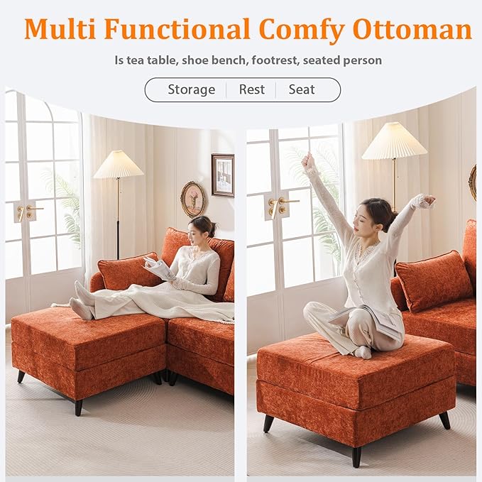 Rexulqo 135'' Modular Sectional Sofa with All Seats Storage, Oversized Sleeper Sofa Bed for Living Room,4-Seater Comfy Cloud Couches with Movable Ottoman,Big Sectional for Bedroom,Velet,Orange