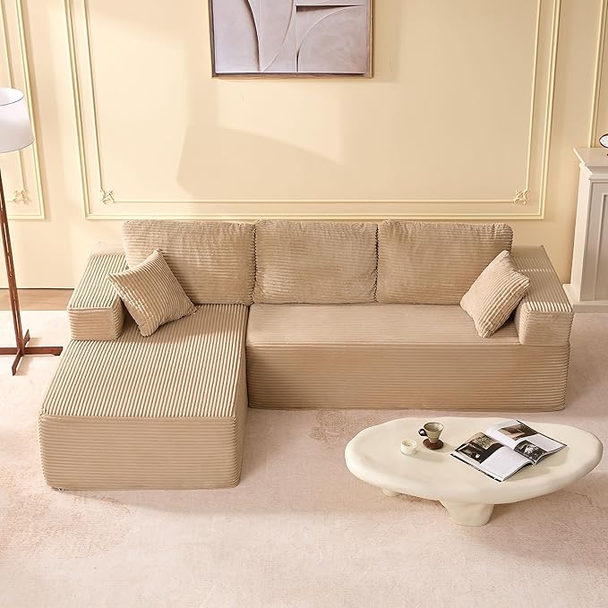 Afuson 107" Boneless Couch with Deep Seat, Modular Sectional Sofa, Cloud Sectional Couch for Living Room, No Assembly Required, Corduroy, L-Shape Left, Camel