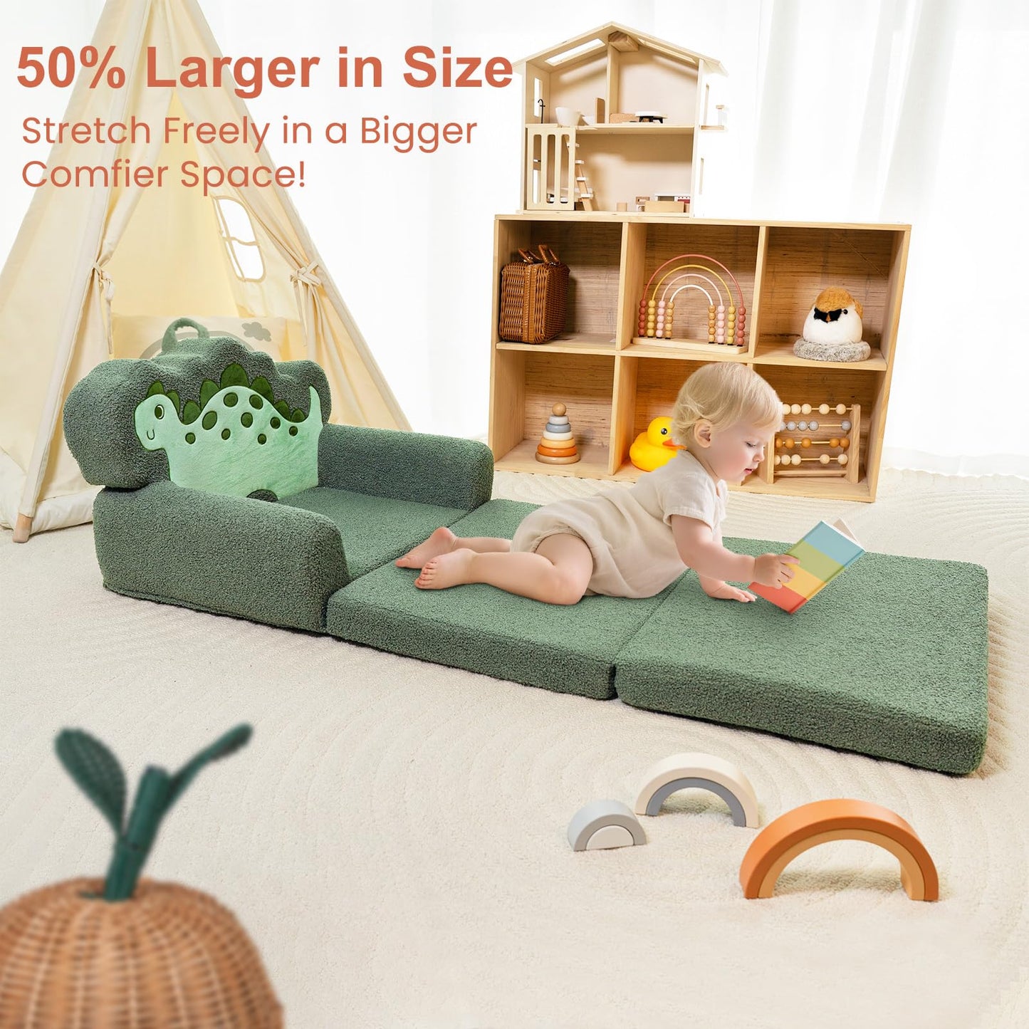 TinyPalsa Kids Couch, Convertible Sofa to Lounger Fold Out, Green Dinosaur Design Chair for Toddlers 1-3, Gift for Movie Night, Camping, and Napping