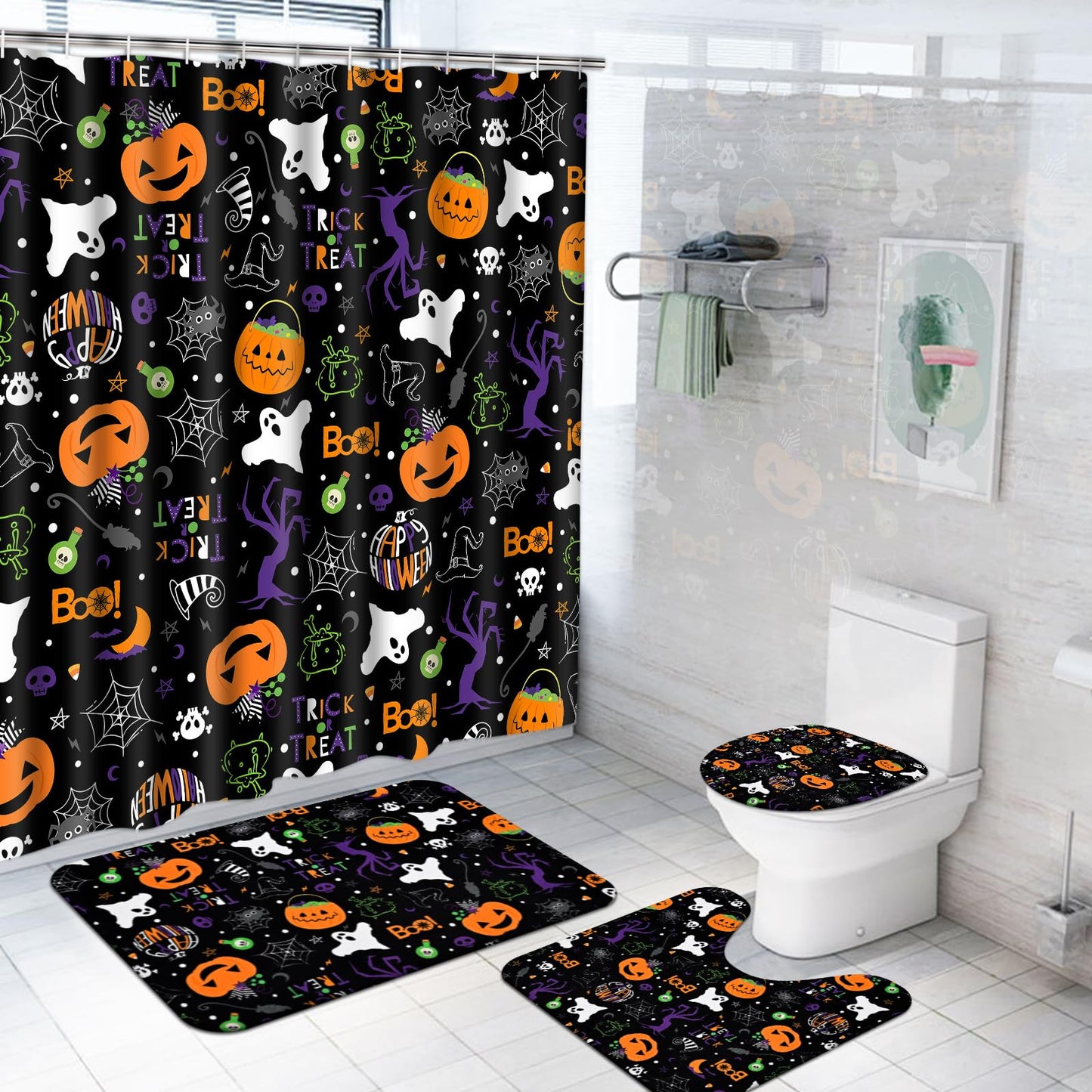 Claswcalor Halloween Pumpkin Shower Curtain Set Spooky Ghost Bathroom Sets with Shower Curtain and Rugs Spider Web Witch Shower Curtain with 12 Hooks, Moon Shower Curtains for Bathroom Decor