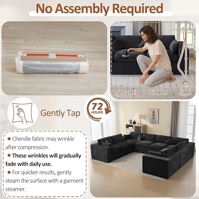 155''Cloud Boneless Sectional Couch, Modular Sectional Sofa Deep Seat, Oversized Upholstered Convertible Comfy 8 Seater Chenille Memory Foam Sofa U Shape Couches for Living Room, Dark