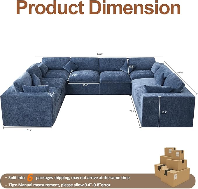 155''Cloud Boneless Sectional Couch, Modular Sectional Sofa Deep Seat, Oversized Upholstered Convertible Comfy 8 Seater Chenille Memory Foam Sofa U Shape Couches for Living Room, Blue