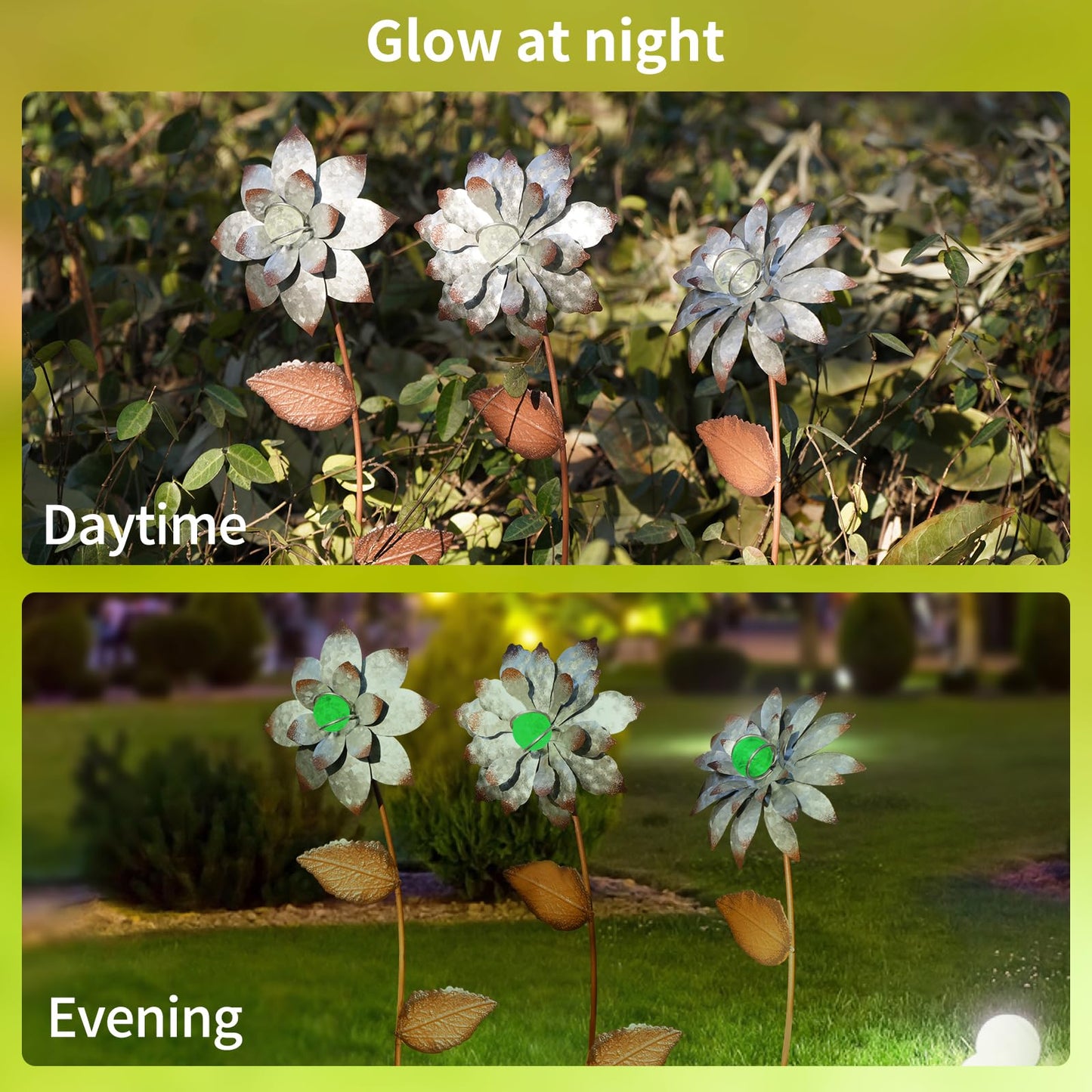 Garden Stakes Decorative, Metal Flowers for Outside, Glow in Dark Yard Lawn Ornaments Plant Pot Flower Bed Decor, Patio, Set of 3, Gold Flower
