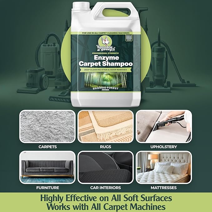 Sprinkle & Sweep Enzyme Carpet Cleaner - Enzyme Carpet Shampoo (64oz) - Carpet Cleaner Solution to Eliminate Tough Stains & Neutralize Odors - Removes Dog, Cat, All Pets Urine- Use with All Machines