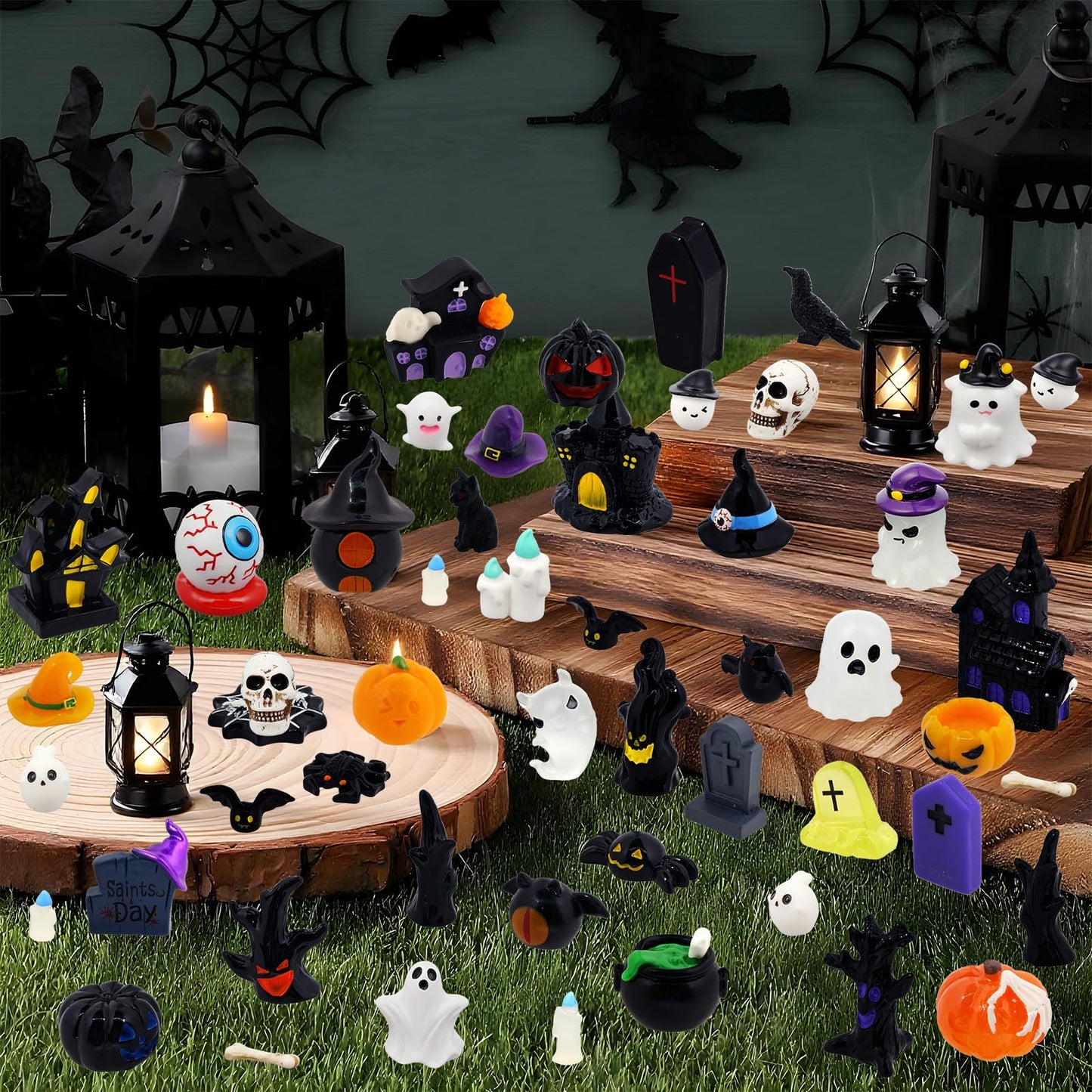 Bbiamsleep 54 Pcs Halloween Mini Resin Figurines Miniature Pumpkin Ghost Skull Tiny Resin Animals to Hide for Halloween Party Fairy Garden Decor