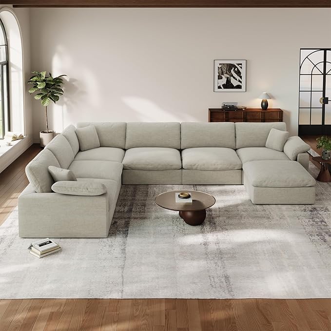 Cloud Modular Couch for Living Room,7 Seater U Shape Linen Blend Sofas,Modern Deep Seat Cloud Sofas,Convertible Comfort Down Filled Sectional Couches,Removable Washable Cushion Covers,Light Biege