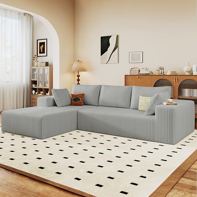 96" Cloud Sectional Couch with L-Shape Chaise, Modern Corduroy Boneless Couch for Living Room,Memory Foam Sofa with Deep Seat,No Assembly Required (Grey,Left-Facing Chaise)