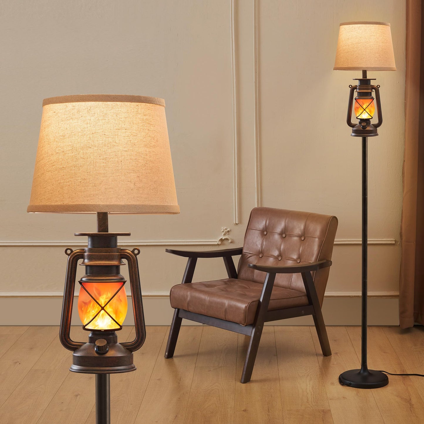 LEDIARY LED Flashing Flame Night Lantern Farmhouse Floor Lamp for Living Room, Rustic Standing Lamp with Beige Linen Drum Lampshade, Lantern Floor Lamps for Bedroom Home Decor