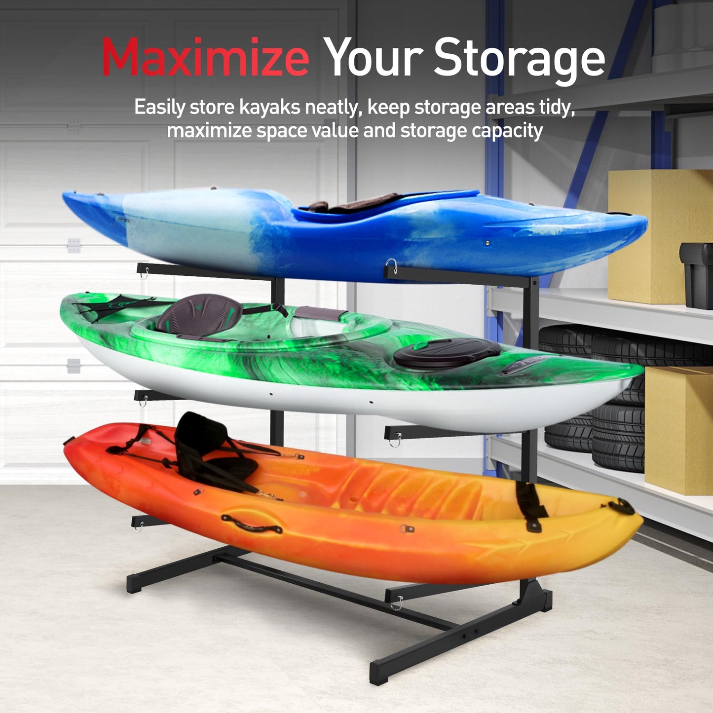 JY PERFORMANCE Kayak Storage Rack, Freestanding Kayak Rack for Outdoor Storage, Heavy Duty 3-Tier Kayak Rack for Kayaks, Canoe, SUPs, Paddleboard, Indoor Outdoor Garage Dock Shed