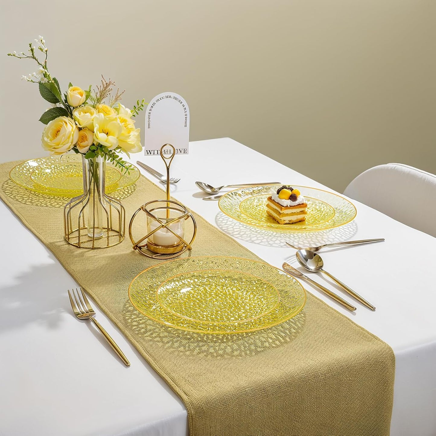 Rubtlamp 60Pcs Yellow Gold Plastic Plates, Yellow Disposable Plates With Gold Rim, Clear Heavy-duty Party Supplies, Hammered Plastic Plates Include 30 Dessert Platos, 30 Dinner Platos for Party