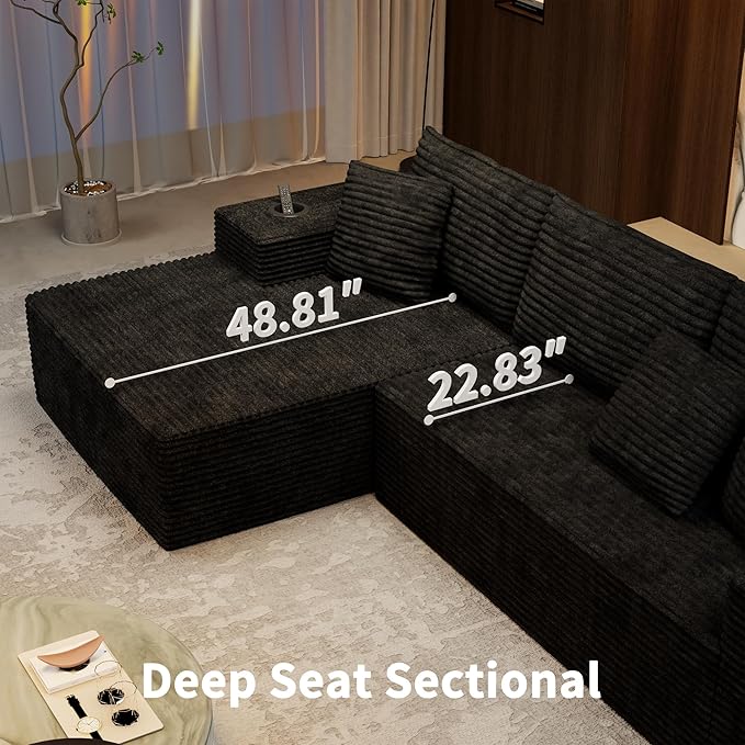 Cibert 104.3" Modular Sectional Sofa, Black Boneless Couch Left Chaise L Shaped Couch with USB Ports, 2 Cup Holders, 2 Side Storage Bags & Lint Remover, No Assembly Sectional Couches for Living Room