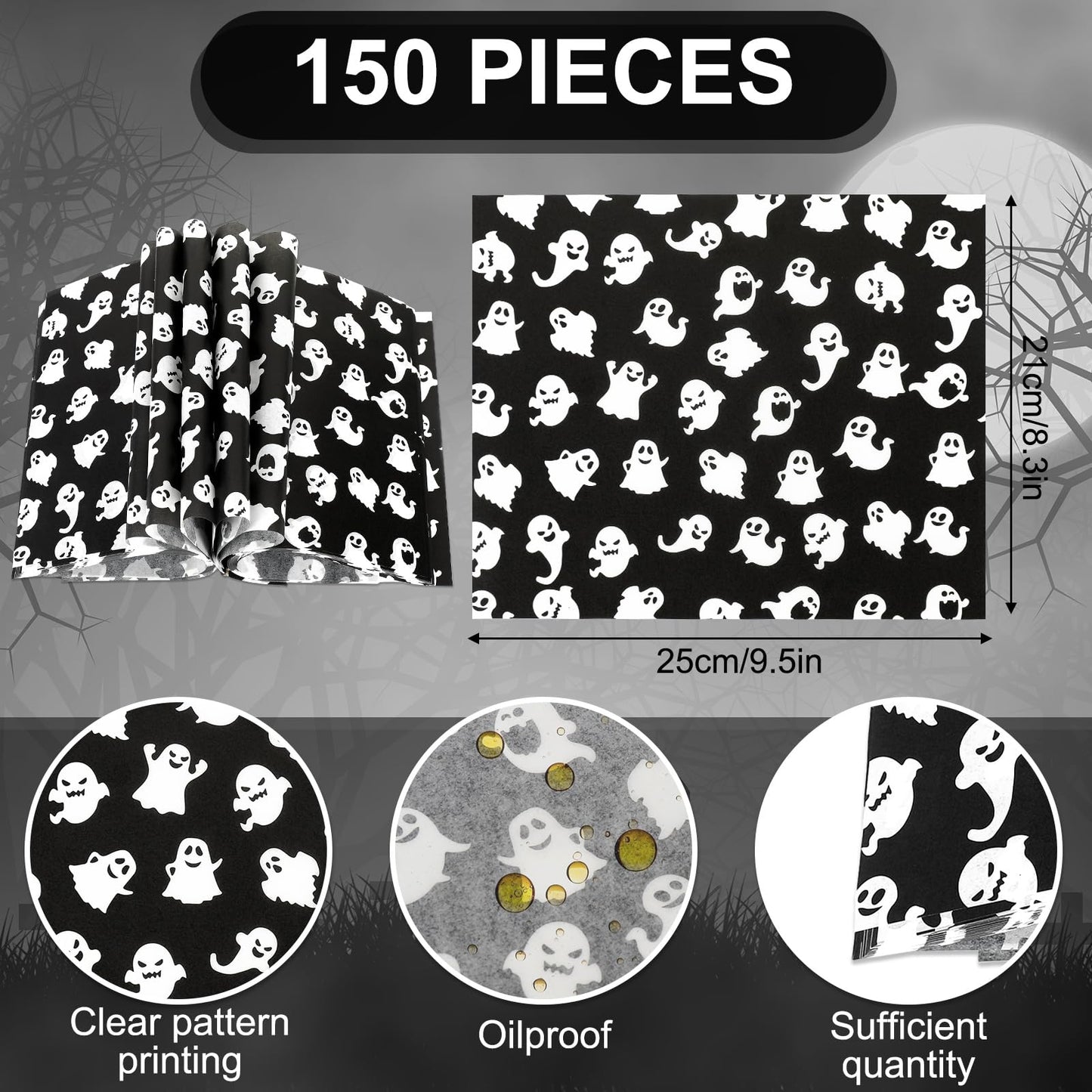 AnyDesign 150Pcs Halloween Wax Paper Sheet Black White Ghost Deli Paper Food Wrapping Paper Waterproof Oil Proof Paper Liners for Party Picnic Kitchen Baking Supplies, 8.3 x 9.8 Inch