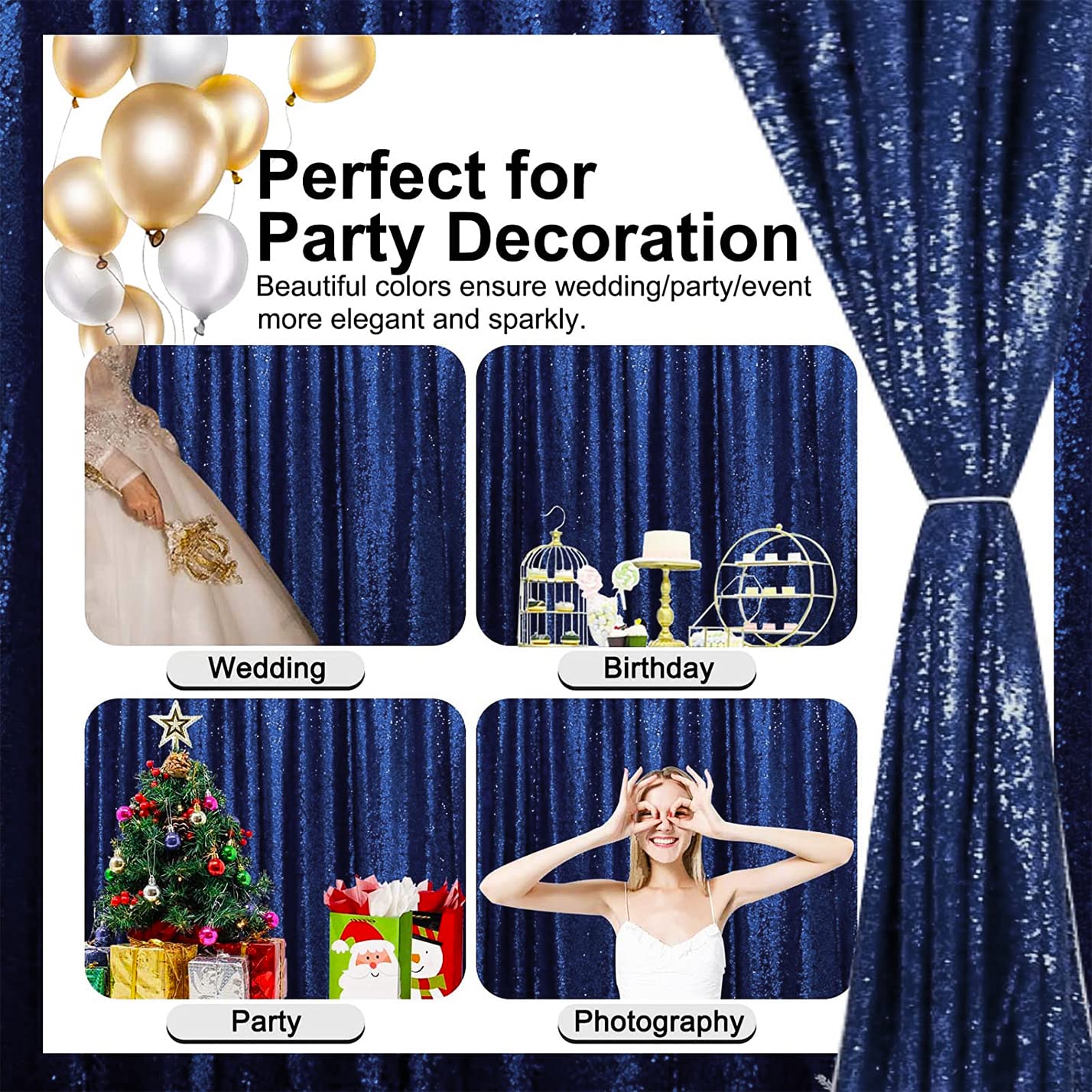 TCBESTO Navy Blue Sequin Backdrop Curtains Glitter Drapes 2FTx8FT 4 Panels for Wedding Birthday Party Decorations Bridal Baby Shower Party Supplies Sparkly Photography Background