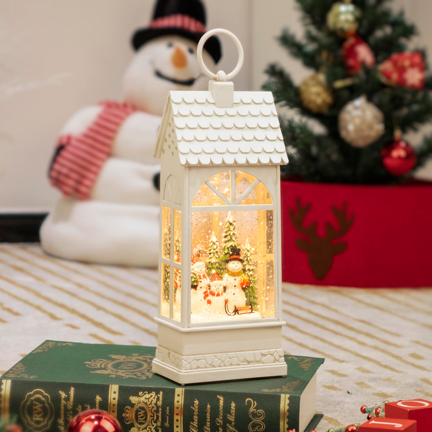 Easter White Womens or Mens Bday Present: Xmas Electronic Snow Globe Lantern Musical: 12.3" Christmas Home Church Decorations Indoor: Battery or USB Powered Light(ed) Up, for Snowman Kids Family