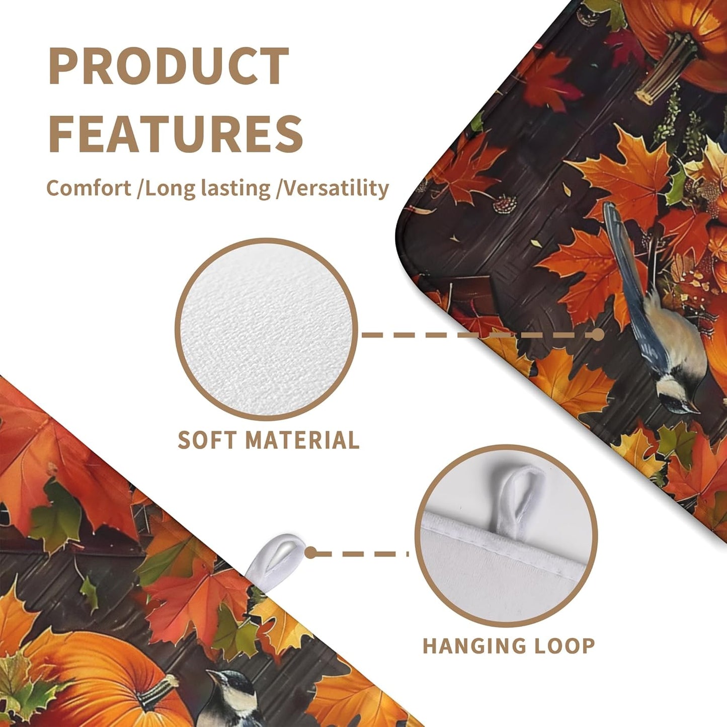 Fall Pumpkin Maple Leaf Bird Dish Drying Mat for Kitchen Counter 18x24 Inch Autumn Harvest Reversible Microfiber Drying Mats Thanksgiving Drying Pad Orange Brown Super Absorbent Dish Drainer Mats