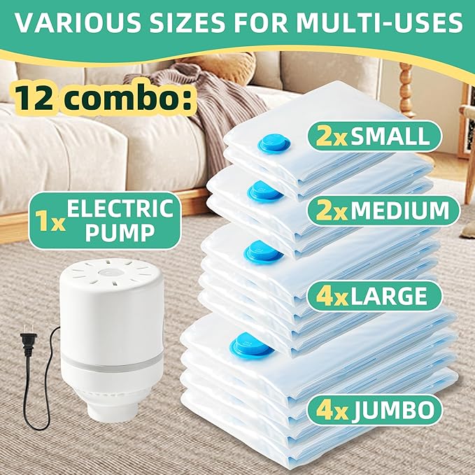 Vacuum Storage Bags with Electric Pump, Vacuum Seal Space Saver Bag for Clothes, Clothing, Blanket Bedding Comforters,Combo 12 Pack