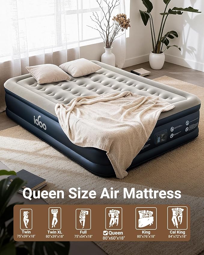 iDOO Queen Air Mattress with Built in Pump, 18 Raised Comfort Inflatable Mattress Blow up Mattress, Upgraded Four Chamber Portable Air Bed for Camping, Guests and Home, Colchon Inflable, 650 lbs Max
