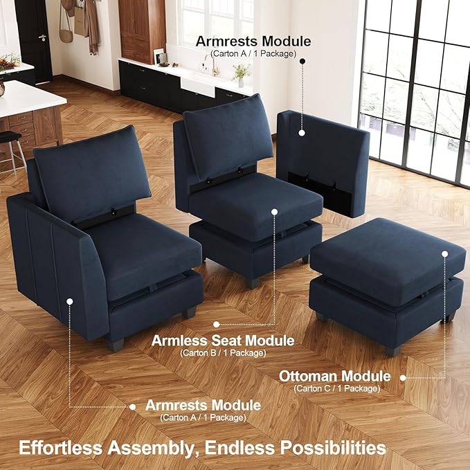 Belffin Modular Sectional Sofa Bed with Storage, 9-Seater Velvet Reversible Sleeper Couch for Living Room, Blue