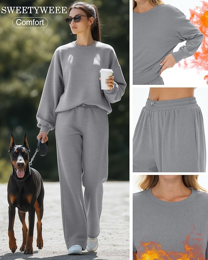 Sweetyweee Women's 2 Piece Outfits Set Fleece Lined Lounge Sweatsuit Crewneck Pullover Top Wide Leg Pants Casual Tracksuit